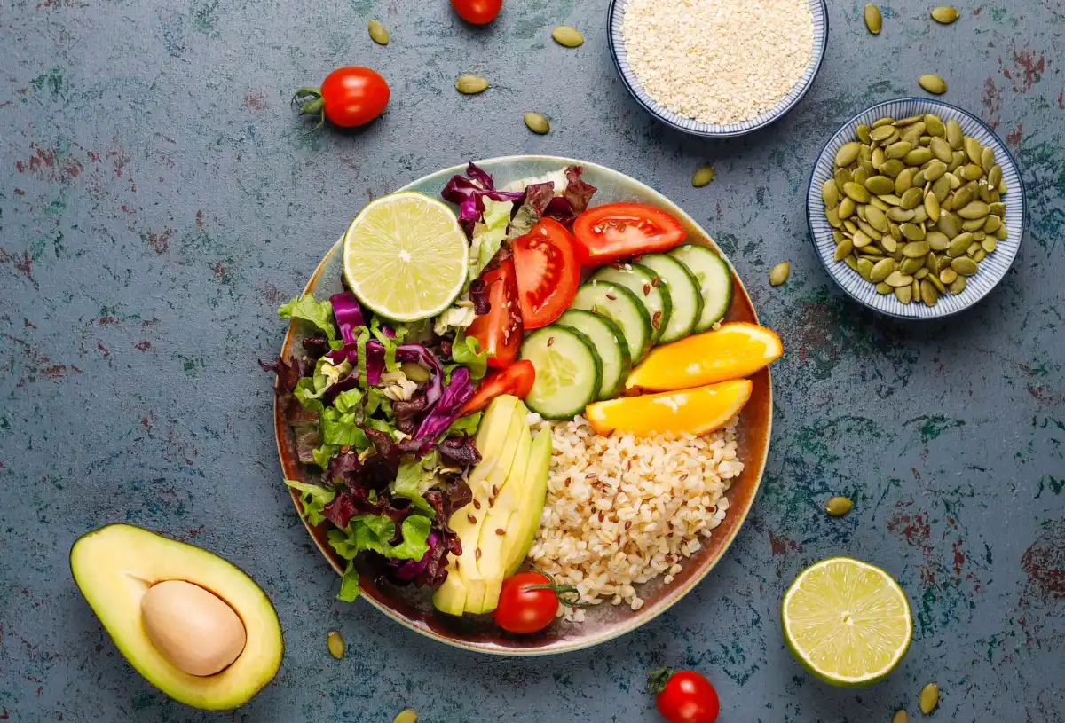 Healthy vegetarian balanced food concept, fresh vegetable salad, buddha bowl